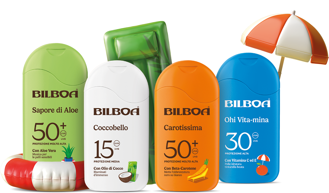 Bilboa sapore di Aloe 50+, Coccobello 15, Carotissima 50+, Ohi vita-mina 30